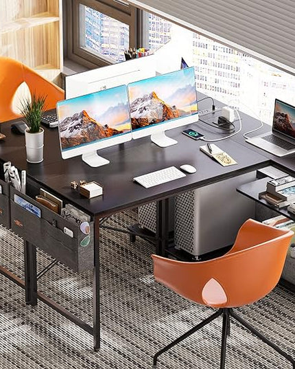 ODK 48 Inch Small L Shaped Gaming Computer Desk with Power Outlets, Reversible Storage Shelves & PC Stand for Home Office, Simple Writing Study Table with Storage Bag for Small Space, Black - LeafyLoom