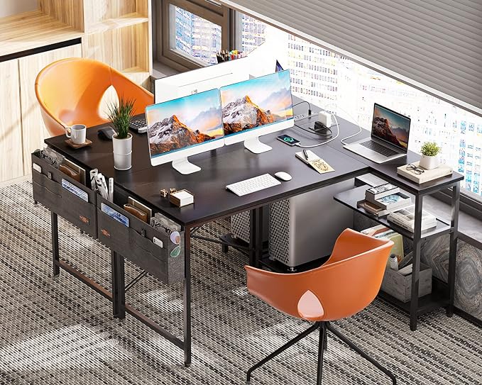 ODK 48 Inch Small L Shaped Gaming Computer Desk with Power Outlets, Reversible Storage Shelves & PC Stand for Home Office, Simple Writing Study Table with Storage Bag for Small Space, Black - LeafyLoom