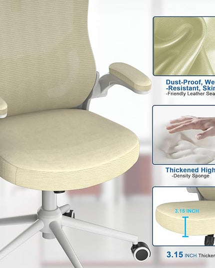 𝑯𝑶𝑴𝑬 𝑶𝑭𝑭𝑰𝑪𝑬 𝑪𝑯𝑨𝑰𝑹, Ergonomic Mesh Desk Chair, High Back Computer Chair- Adjustable Headrest with Flip-Up Arms, Lumbar Support, Swivel Executive Task Chair (Modern, Beige) - LeafyLoom