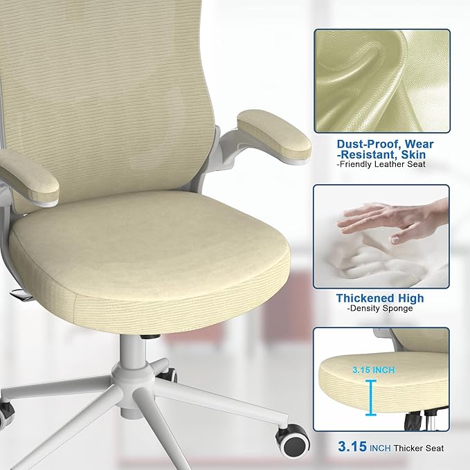 𝑯𝑶𝑴𝑬 𝑶𝑭𝑭𝑰𝑪𝑬 𝑪𝑯𝑨𝑰𝑹, Ergonomic Mesh Desk Chair, High Back Computer Chair- Adjustable Headrest with Flip-Up Arms, Lumbar Support, Swivel Executive Task Chair (Modern, Beige) - LeafyLoom