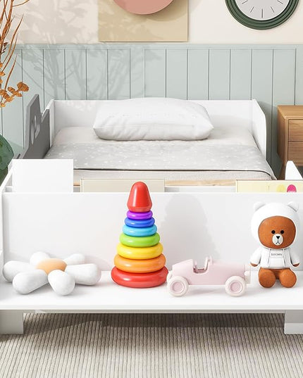 Car-Shaped Twin Bed with Bench,Wood Platform Bedframe W/Book Storage Groove & Safety Guardrail,Minimalistic Design,Easy Assembly,Toy Car Bedroom Furniture for Boys Kids Toddlers Child,White - LeafyLoom