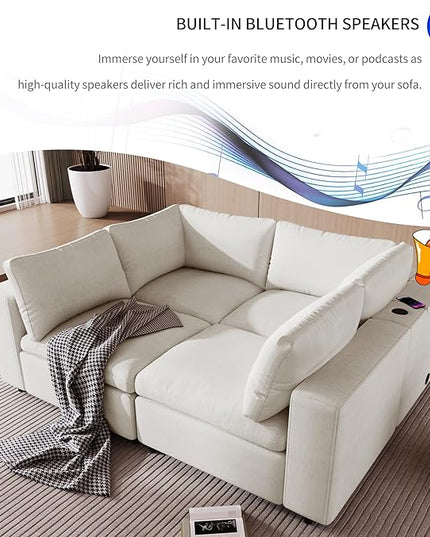 Free Combination Convertible Modular Sectional Sofa, 4 Seater Upholstered Sleeper Corner Couch with USB Charge Ports & Wireless Charging & Speaker,Deep-Seat Sofabed for Living Room Office - LeafyLoom