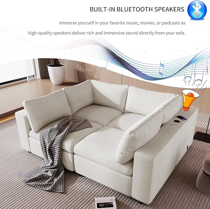 Free Combination Convertible Modular Sectional Sofa, 4 Seater Upholstered Sleeper Corner Couch with USB Charge Ports & Wireless Charging & Speaker,Deep-Seat Sofabed for Living Room Office - LeafyLoom