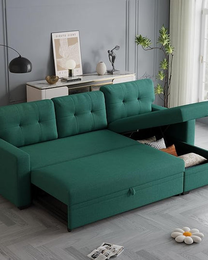 82'' L Shaped Pull Out Couch with Storage Chaise,Convertible Sectional Sleeper Sofa Bed W/ 3 Removable Back Cushions for Living Room,Office,Apartment,Green, 82" - LeafyLoom