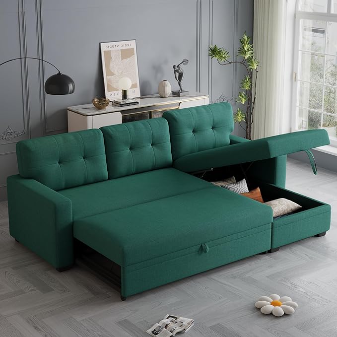 82'' L Shaped Pull Out Couch with Storage Chaise,Convertible Sectional Sleeper Sofa Bed W/ 3 Removable Back Cushions for Living Room,Office,Apartment,Green, 82" - LeafyLoom