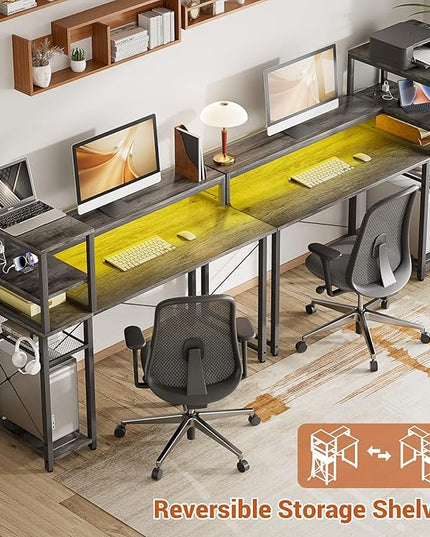 47" Gaming Desk with Storage, Computer Desk with LED Lights, Home Office Desk with Adjustable Shelves & Power Outlets, Gaming Computer Desk with Long Monitor Stand - LeafyLoom