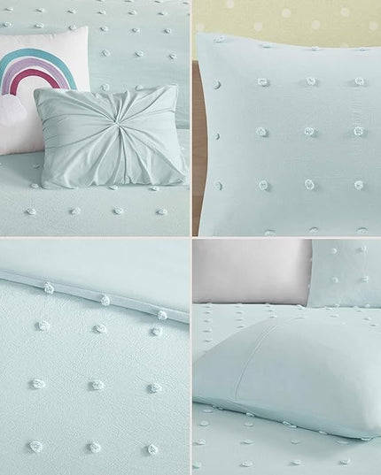 Callie Cotton Jacquard Weave Colorful Pom Pom Kids Comforter sets, Down Alternative Shabby Chic All Season Girls Bedding, Bedroom Decor, Full/Queen,Aqua 5 Piece - LeafyLoom