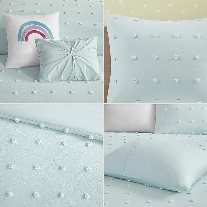 Callie Cotton Jacquard Weave Colorful Pom Pom Kids Comforter sets, Down Alternative Shabby Chic All Season Girls Bedding, Bedroom Decor, Full/Queen,Aqua 5 Piece - LeafyLoom