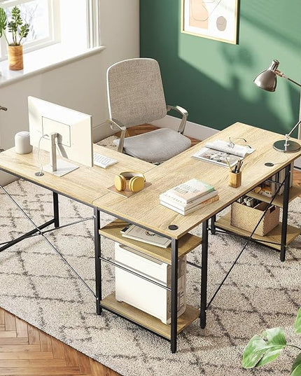 Bestier 95.2” L Shaped Desk, Reversible Corner Computer Desk or 2 Person Long Table with Adjustable Shelves, Large Writing Study Workstation with 3 Cable Holes - Oak - LeafyLoom