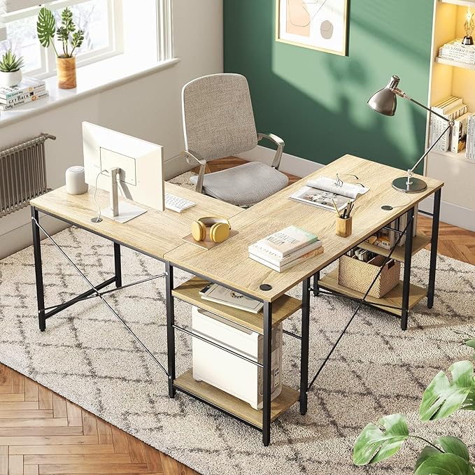 Bestier 95.2” L Shaped Desk, Reversible Corner Computer Desk or 2 Person Long Table with Adjustable Shelves, Large Writing Study Workstation with 3 Cable Holes - Oak - LeafyLoom