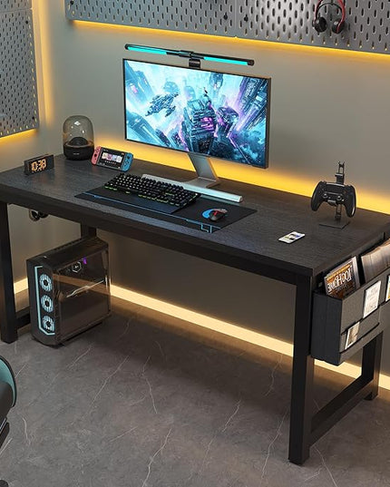 63 Inch Large Computer Desk Writing Study Work Office Table Home Office Desk Moderm Gaming Desk Simple Workstation with Storage Bag and Iron Hook - Black - LeafyLoom