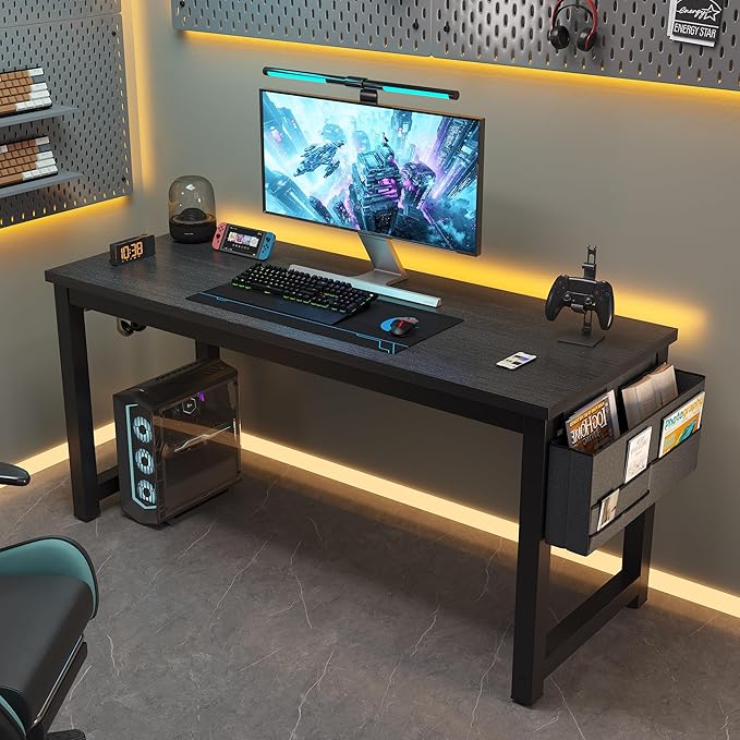 63 Inch Large Computer Desk Writing Study Work Office Table Home Office Desk Moderm Gaming Desk Simple Workstation with Storage Bag and Iron Hook - Black - LeafyLoom