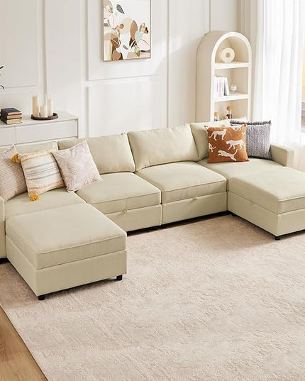 Sweetcrispy Convertible Sectional Sofa Couch, 6 Seat 6 Back Sofa Set with Storage for Living Room, U-Shaped Modern Modular Sofa Sleeper with Ottoman, Comfy Sofa Couch with Extra Deep Seats, Beige - LeafyLoom