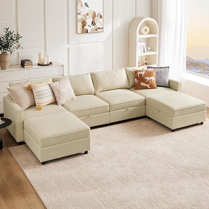 Sweetcrispy Convertible Sectional Sofa Couch, 6 Seat 6 Back Sofa Set with Storage for Living Room, U-Shaped Modern Modular Sofa Sleeper with Ottoman, Comfy Sofa Couch with Extra Deep Seats, Beige - LeafyLoom