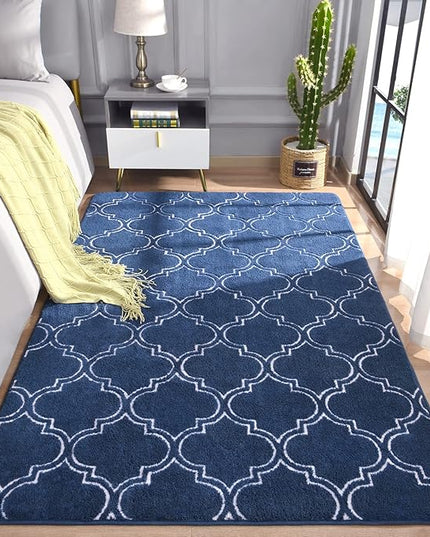 Chicrug Shag Geometric Modern Area Rug for Bedroom, 4x6 Feet Memory Foam Indoor Carpet, Fluffy Rug for Living Room Bedside Room Decor for Family Girls Kids Nursery Play Mat, Navy/White - LeafyLoom