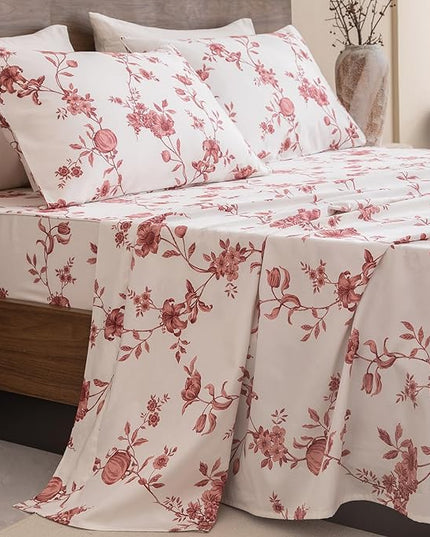 QSH Floral Queen Size Sheet Sets - 100% Egyptian Cotton Sheets Elegant Red Roses Flower Pattern Printed Bedding Sheets Queen Size Bed Extra Soft and Breathable 4pcs Deep Pockets Bed Sheets - LeafyLoom