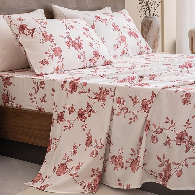 QSH Floral Queen Size Sheet Sets - 100% Egyptian Cotton Sheets Elegant Red Roses Flower Pattern Printed Bedding Sheets Queen Size Bed Extra Soft and Breathable 4pcs Deep Pockets Bed Sheets - LeafyLoom