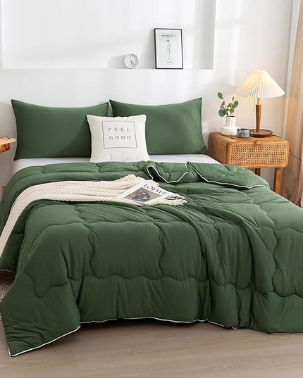COTTEBED 3PCS Olive Green Comforter Set Queen Size - Jersey Knit T-Shirt Feeling Ultra-Soft Cute Cozy Lightweight Bedding Blanket Quilt Down Set & Pillowcase for All Season Use, Full Queen 88x92 inch - LeafyLoom