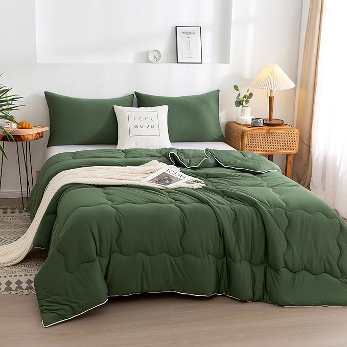 COTTEBED 3PCS Olive Green Comforter Set Queen Size - Jersey Knit T-Shirt Feeling Ultra-Soft Cute Cozy Lightweight Bedding Blanket Quilt Down Set & Pillowcase for All Season Use, Full Queen 88x92 inch - LeafyLoom