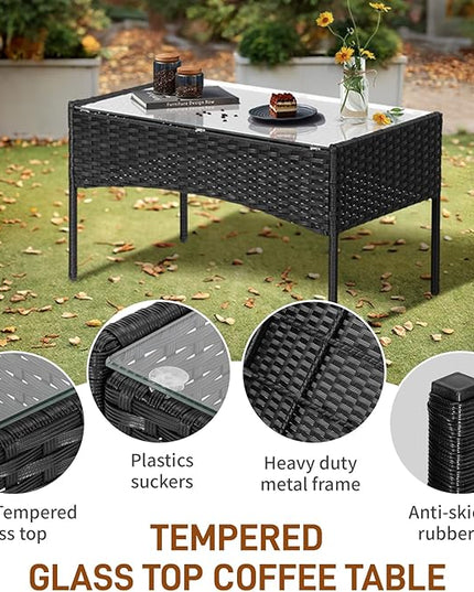 Outvita 4 Pieces Patio Furniture Set, Rattan Conversation Sets with Loveseat Soft Cushion and Glass Table for Garden Backyard Balcony Porch Poolside(Black) - LeafyLoom