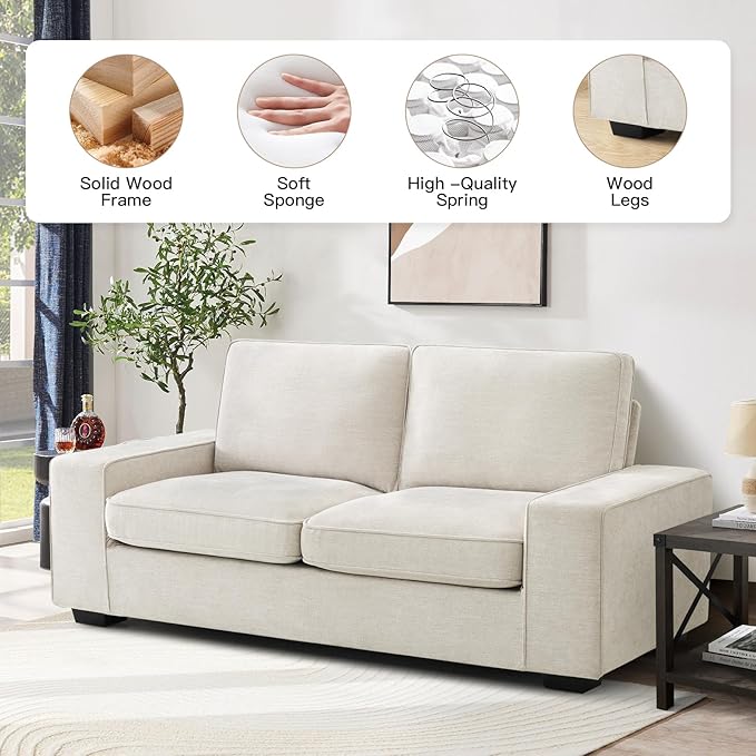 EASELAND 71" Loveseat, Small Chenille Loveseat for Small Spaces, 2-Seater Modern Deep Seat Couch with Removable Back and Cushions, Lounge Sofa for Bedroom with Wood Legs and Fluffy Armrest (Beige) - LeafyLoom