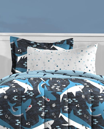 dream FACTORY Kids 5-Piece Complete Set Easy-Wash Super Soft Microfiber Comforter Bedding, Twin, Blue Sharks - LeafyLoom