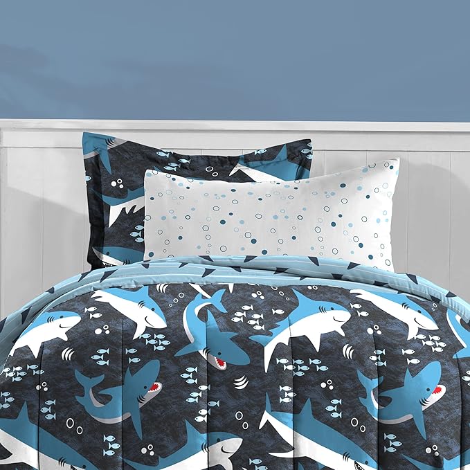 dream FACTORY Kids 5-Piece Complete Set Easy-Wash Super Soft Microfiber Comforter Bedding, Twin, Blue Sharks - LeafyLoom