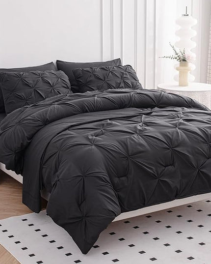 LANE LINEN Full Size Comforter Sets, 7 Piece Bed in a Bag Full Size, Soft Full Size Bedding Sets, Pintuck Comforter Sets Full Size, Full Size Bed Comforter Set with Sheets, Pillowcases & Shams - Grey - LeafyLoom