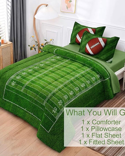 Football Comforter Set Twin Size for Teen Boys, Kids Football Field Bedding Green Themed Bedroom Set with Sheets, Twin Bed in a Bag Set - LeafyLoom