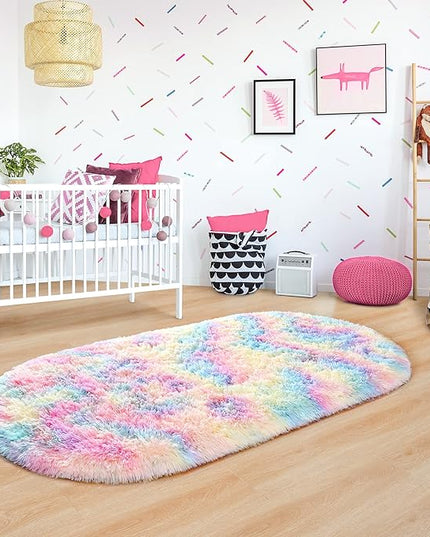Noahas Rainbow Rug for Kids Room,Fluffy Rugs for Bedroom,2'X 5' Oval Ultra Soft Bedroom Rugs,Small Throw Rugs, Kids Room Carpet Modern Shaggy Area Rugs Home Decor - LeafyLoom