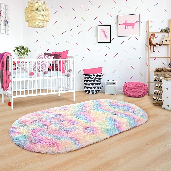 Noahas Oval Fluffy Rainbow Rug 2.6X5.3 Small Kids Rugs for Bedroom Girls And Boys Aesthetic,Bedside Bedroom Rug,Ultra Soft Runner Carpet Modern Shaggy Nursery Area Rugs Home Decor - LeafyLoom
