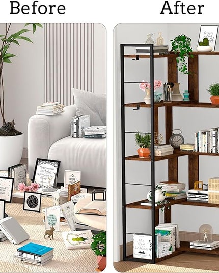 5 Tier Bookshelf Wood Bookcase with 2 Hooks Modern Corner Bookshelf Library Industrial Shelving Book Case Adjustable Book Shelves for Bedroom Living Room Home Office Rustic Brown - LeafyLoom