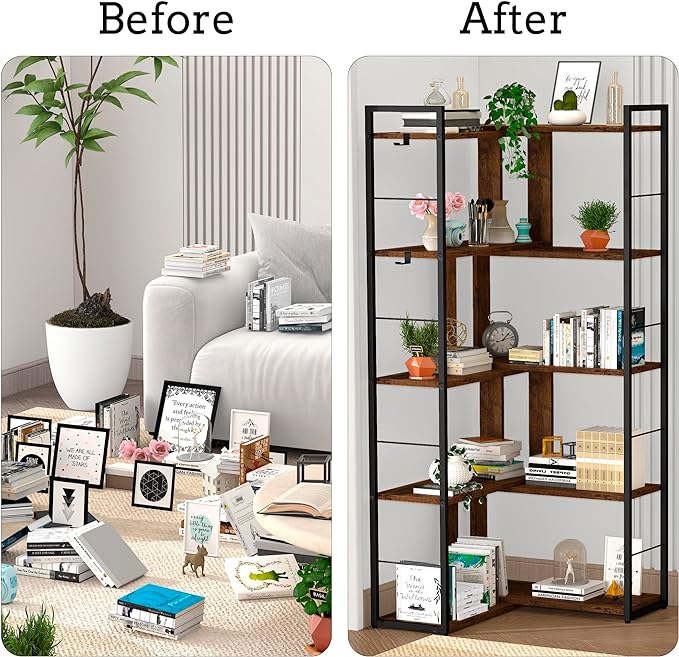 5 Tier Bookshelf Wood Bookcase with 2 Hooks Modern Corner Bookshelf Library Industrial Shelving Book Case Adjustable Book Shelves for Bedroom Living Room Home Office Rustic Brown - LeafyLoom