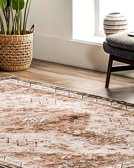 nuLOOM Dorota Machine Washable Geometric Medallion Ultra Thin Area Rug, 3' x 5', Beige - LeafyLoom