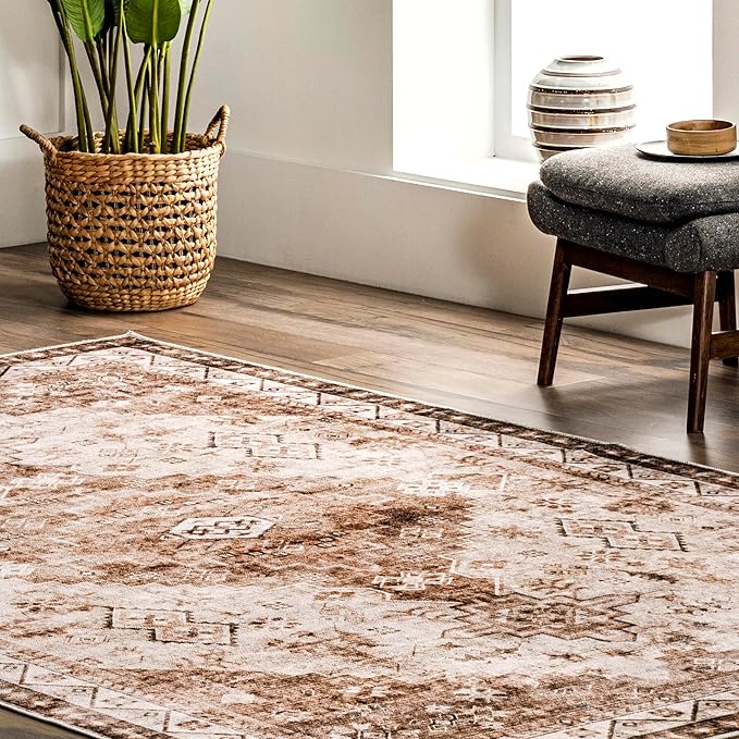 nuLOOM Dorota Machine Washable Geometric Medallion Ultra Thin Area Rug, 5' x 8', Beige - LeafyLoom