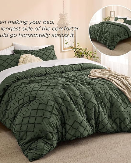 Bedsure King Size Comforter Set - Olive Green Comforter, Boho Tufted Shabby Chic Bedding Comforter Set, 3 Pieces Farmhouse Bed Set for All Seasons, Fluffy Soft Bedding Set with 2 Pillow Shams - LeafyLoom