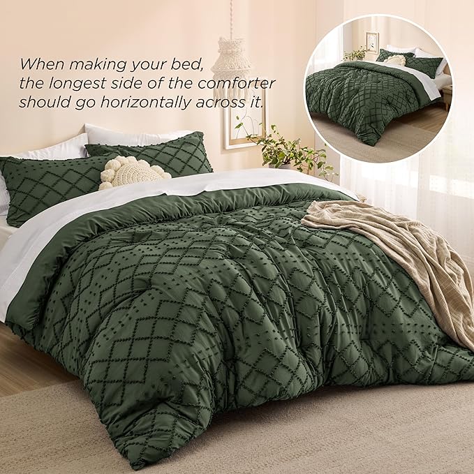 Bedsure California King Comforter Set - Olive Green Comforter, Boho Tufted Shabby Chic Bedding Comforter Set, 3 Pieces Farmhouse Bed Set for All Seasons, Fluffy Soft Bedding Set with 2 Pillow Shams - LeafyLoom
