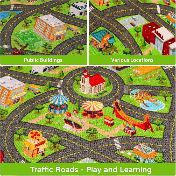 Kids Rugs Traffic Road Carpet for Car City Map Play Rug 3.3'×5' for Playroom Educational Mat Area Rug, Kid Playtime Collection Toddler Car Track Rug Cute Cartoon (City Road B, 39.4×59 in) - LeafyLoom
