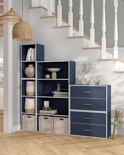 Apexa 3 Cube Storage Organizer Shelves, Stackable Wood Bookcase Fits Cubby Bins for Organization, Dorm Teen Room Decor & Home Office, Steel Blue - LeafyLoom