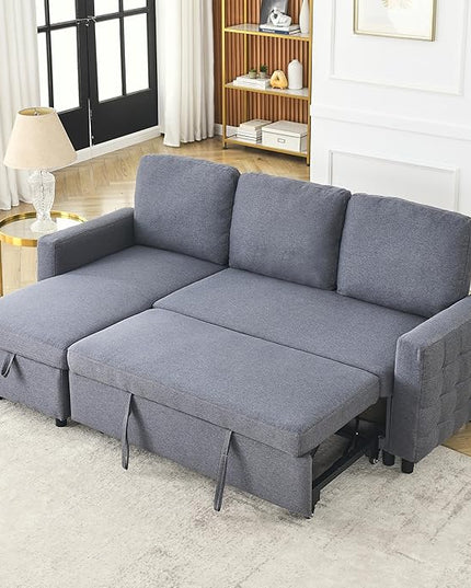 3 Seater Convertible Sectional Sofa with Reversible Chaise Lounge and Pull Out Sofabed, L Shaped Corner Couches with Storage , Comfy Linen Upholstered Sofa&Couches for Living Room Furniture Sets - LeafyLoom