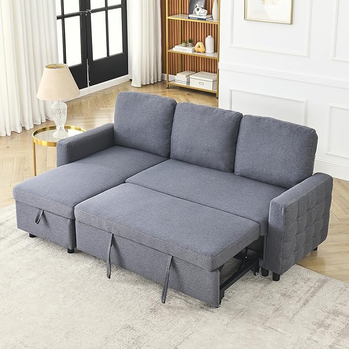 3 Seater Convertible Sectional Sofa with Reversible Chaise Lounge and Pull Out Sofabed, L Shaped Corner Couches with Storage , Comfy Linen Upholstered Sofa&Couches for Living Room Furniture Sets - LeafyLoom
