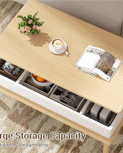 Shintenchi Coffee Table, Lift Top Coffee Table with Hidden Compartment, Rising Tabletop Dining Table, Lift Top Coffee Center Table for for Living Room, Office, Home (Oak) - LeafyLoom