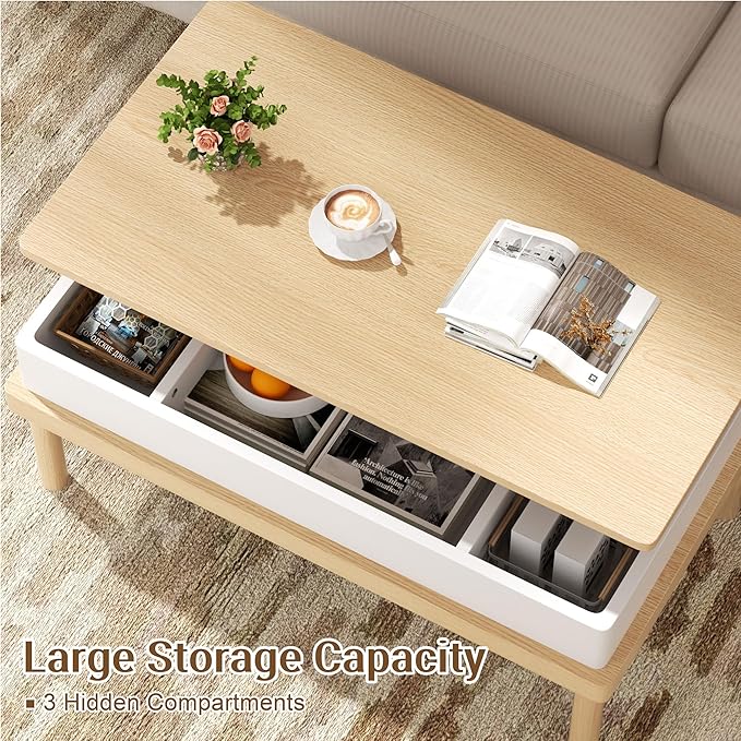Shintenchi Coffee Table, Lift Top Coffee Table with Hidden Compartment, Rising Tabletop Dining Table, Lift Top Coffee Center Table for for Living Room, Office, Home (Oak) - LeafyLoom
