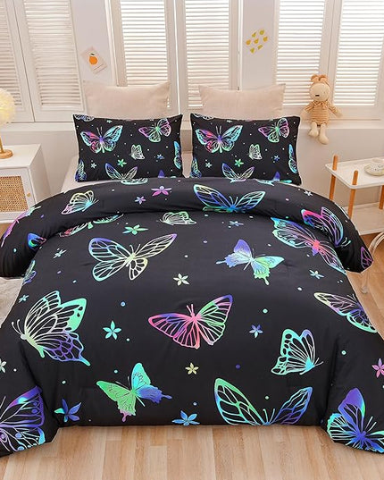 Btargot 3 Piece Butterfly Pattern Girls Comforter Set with 2 Pillow Covers, Gradient Line Rainbow Printed Bedding Set for Women, Queen Black - LeafyLoom
