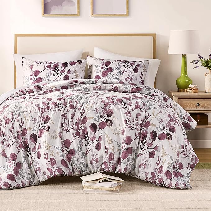 Codi Floral Queen Comforter Set for Womens, Spring Lavender Bedding Sets with Soft Seersucker 3pcs - 1 Flower Comforters and 2 Pillows Case, Lilac Purple - LeafyLoom