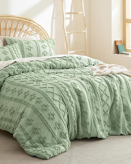Bedsure Twin/Twin XL Comforter Set Dorm Bedding - Sage Green Boho Bedding Comforter Set, 2 Pieces Farmhouse Shabby Chic Embroidery Bed Set, Soft Jacquard Tufted Comforter for College - LeafyLoom