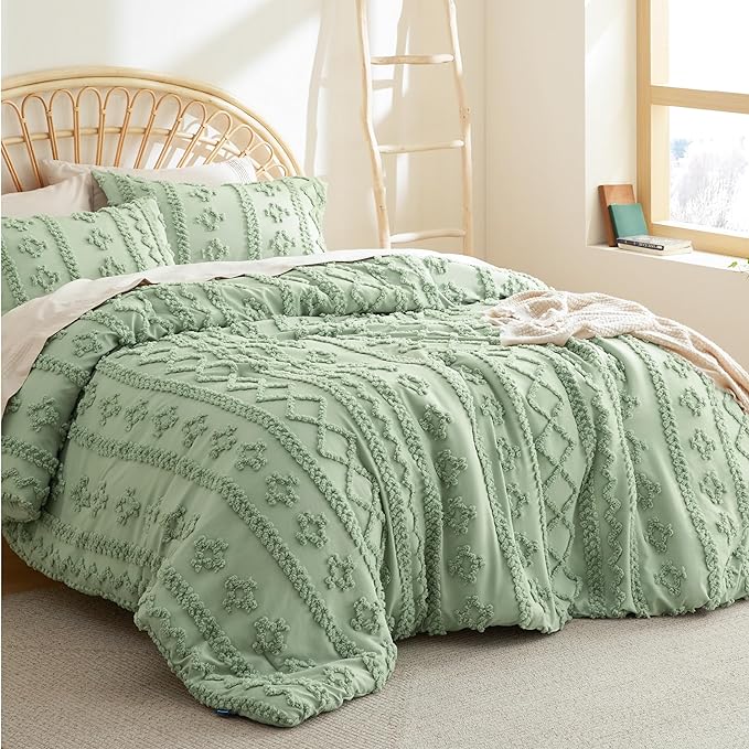 Bedsure Twin/Twin XL Comforter Set Dorm Bedding - Sage Green Boho Bedding Comforter Set, 2 Pieces Farmhouse Shabby Chic Embroidery Bed Set, Soft Jacquard Tufted Comforter for College - LeafyLoom