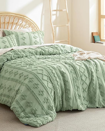 Bedsure Tufted Boho Comforter Set California King - Sage Green Boho Bedding Comforter Set, 3 Pieces Farmhouse Shabby Chic Embroidery Bed Set, Soft Jacquard Comforter for All Seasons - LeafyLoom