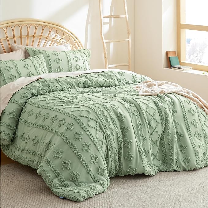 Bedsure Tufted Boho Comforter Set California King - Sage Green Boho Bedding Comforter Set, 3 Pieces Farmhouse Shabby Chic Embroidery Bed Set, Soft Jacquard Comforter for All Seasons - LeafyLoom