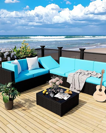 Pamapic Patio Furniture Set, 7 Pieces Modular Outdoor Sectional, Patio Sectional Sofa Conversation Set, Rattan Sofa with Coffee Table and Washable Cushions Covers, Black Rattan and Blue Cushions - LeafyLoom